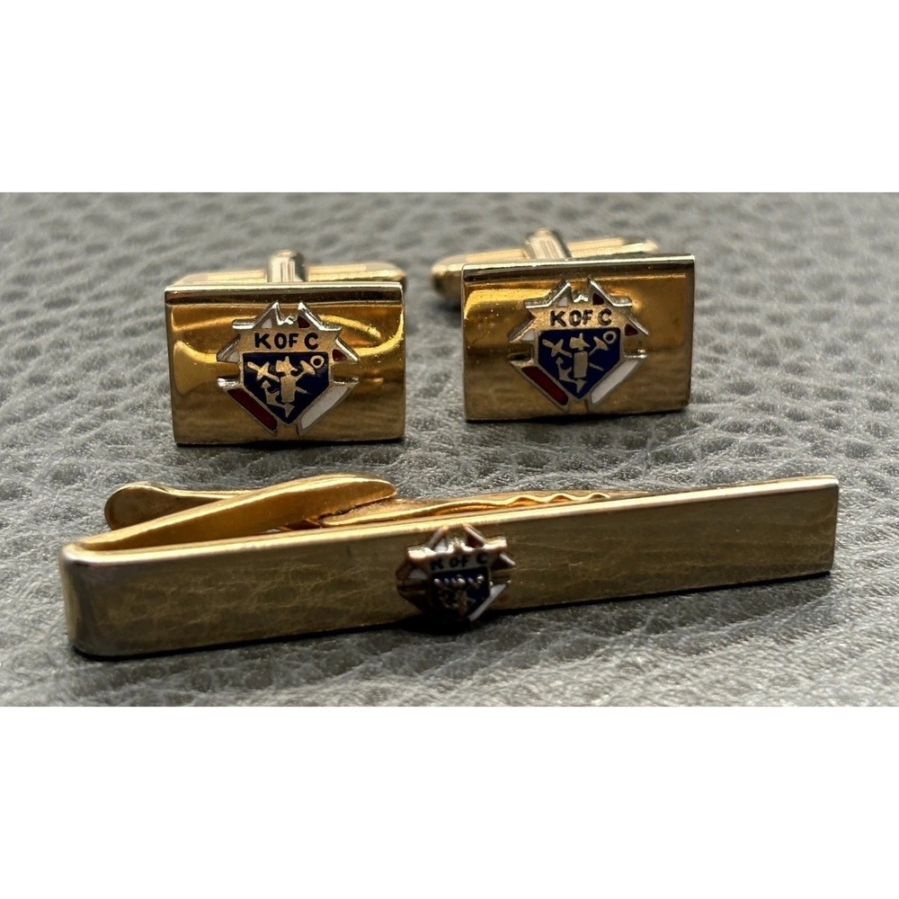VTG Hickok Knights of Columbus Enamel Crest Cufflinks Tie Clip Set Gold Tone
